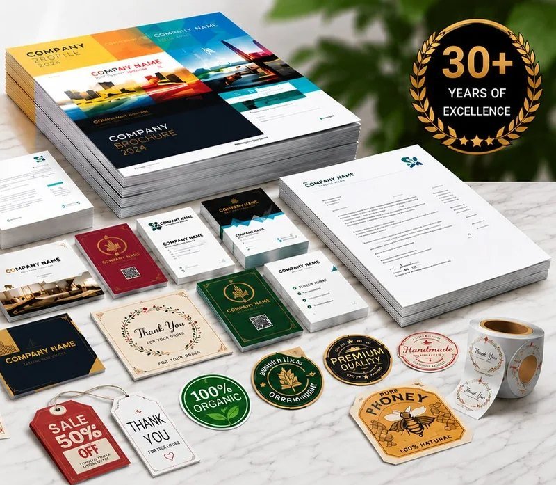 Visiting cards, stickers, letterheads and brochures printed by Sakthi Vasan Offset Press, Coimbatore