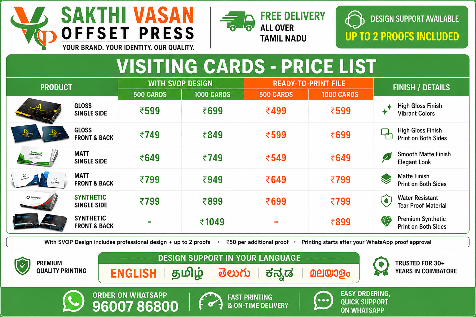 Visiting cards price list, Sakthi Vasan Offset Press, Coimbatore